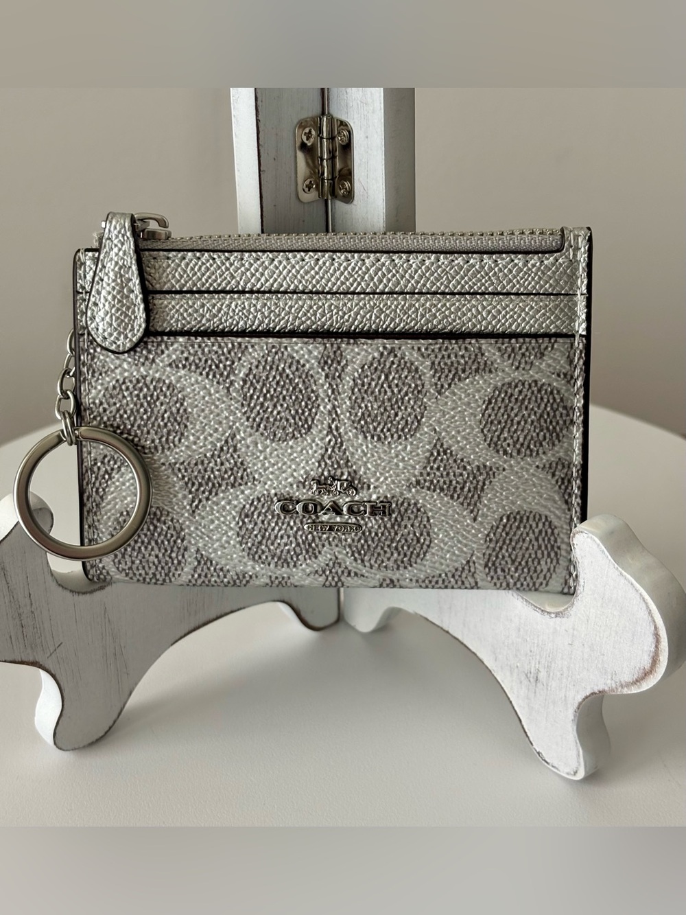 COACH MINI ID SKINNY Silver/Gray Case with Key Ring NWT